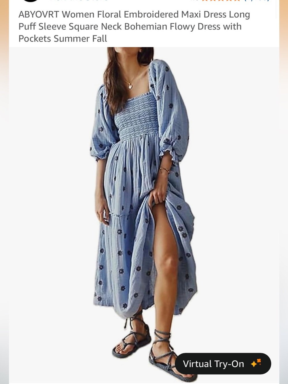 Amazon Blue Puff Sleeve Smocked Maxi Dress with Floral Accents